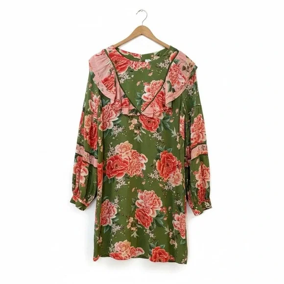 FARM Rio Anthropologie Elinor Tunic Dress Green & Pink Floral Ruffle Size M - Picture 3 of 14